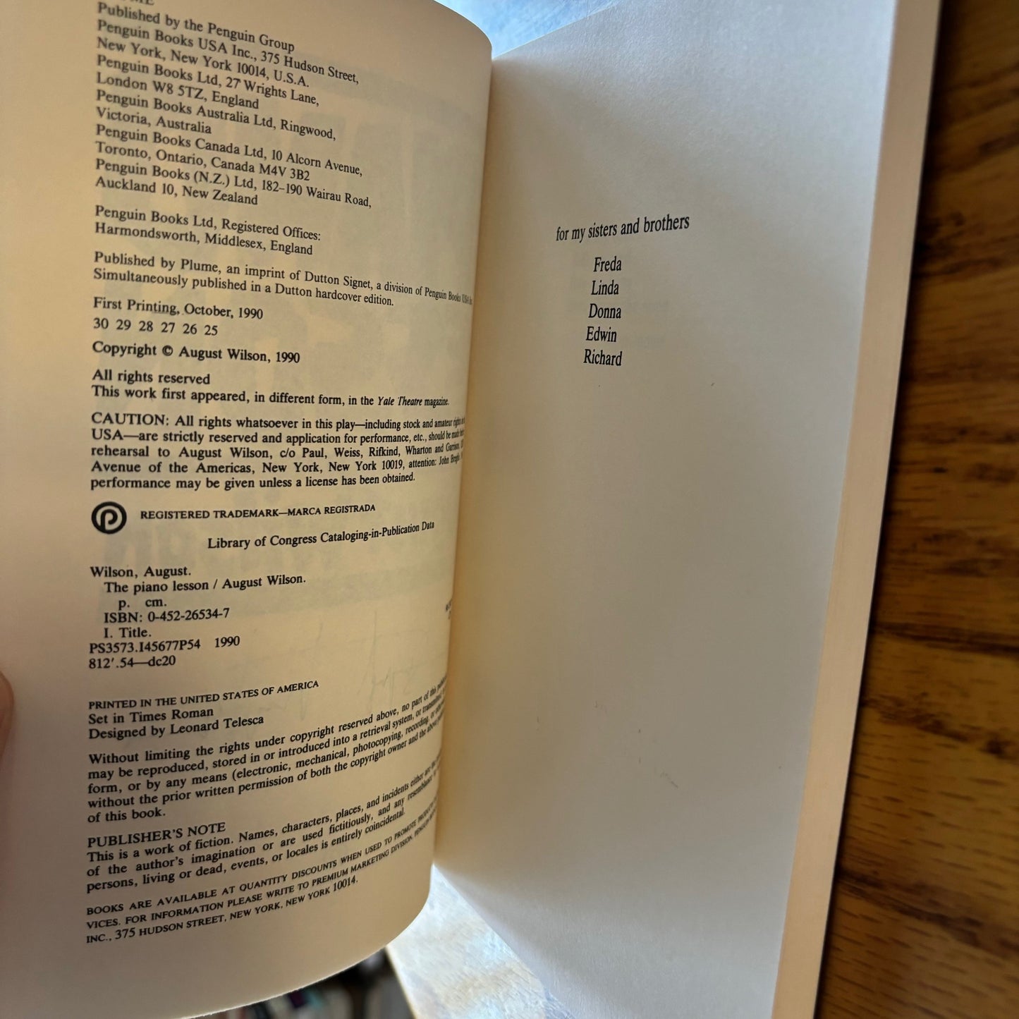 August Wilson - The Piano Lesson - Signed