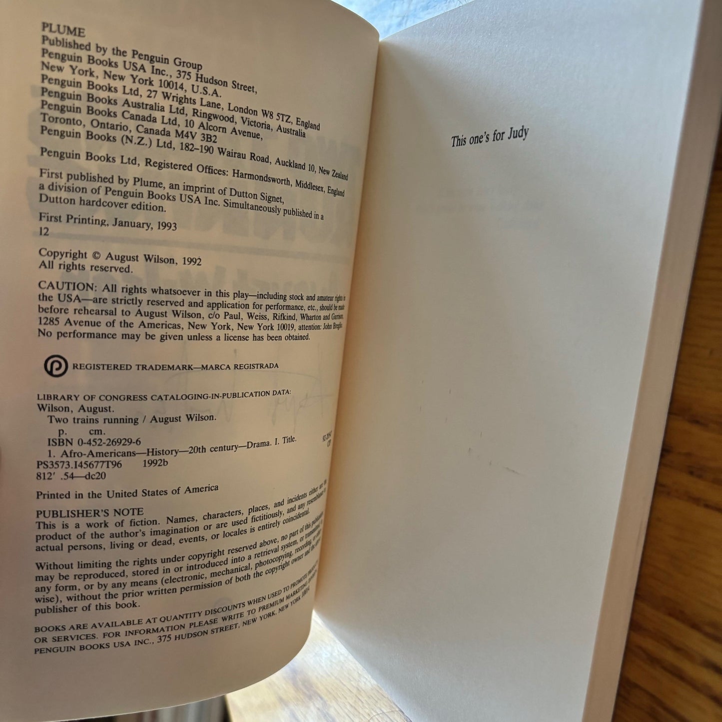 August Wilson - Two Trains Running - Signed