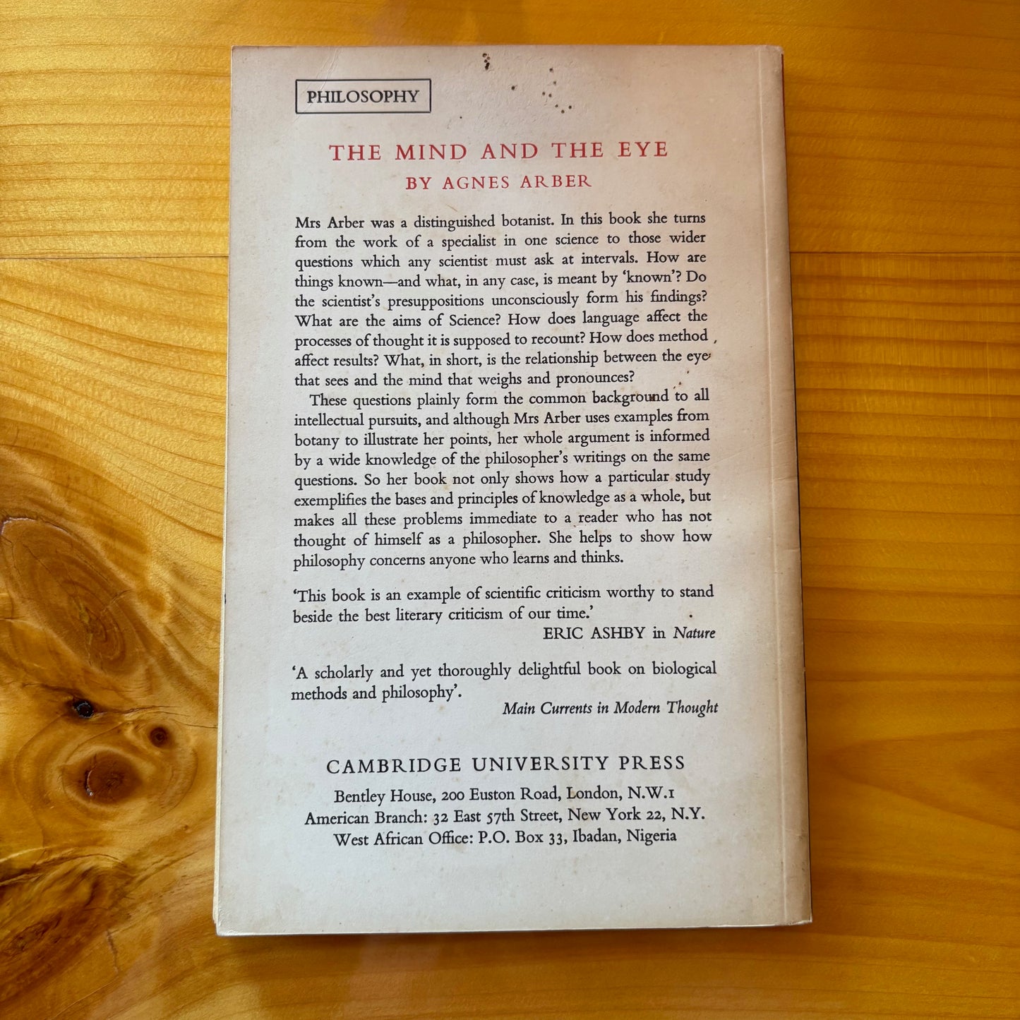 Agnes Arber - The Mind and the Eye - First Edition Paperback - Association Copy