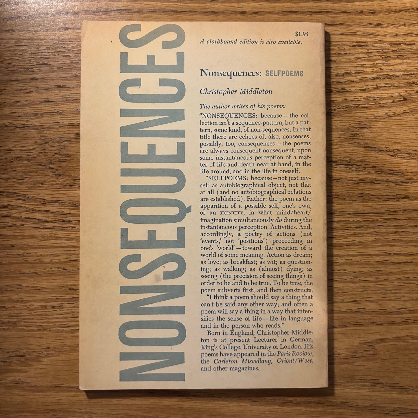 Christopher Middleton - Nonsequences: Selfpoems - First Edition Paperback