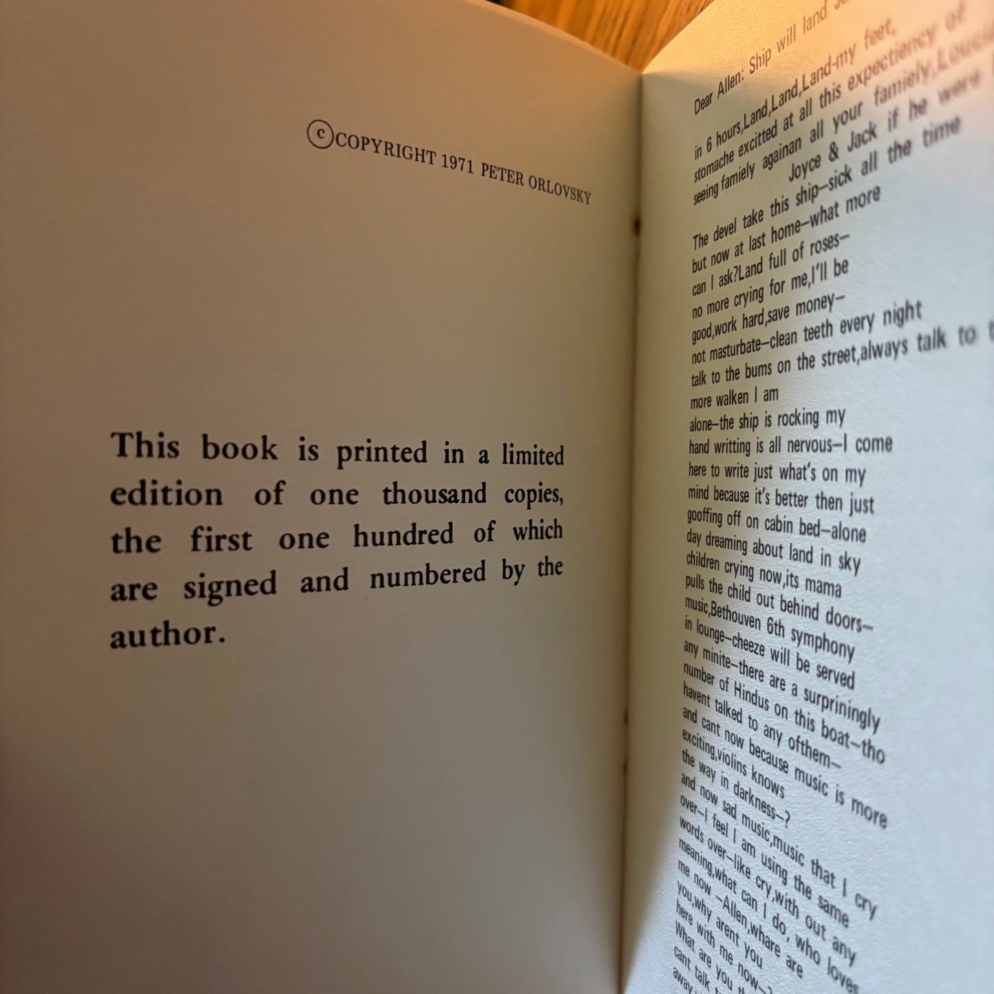 Peter Orlovsky - Dear Allen: Ship will land Jan 23, 58