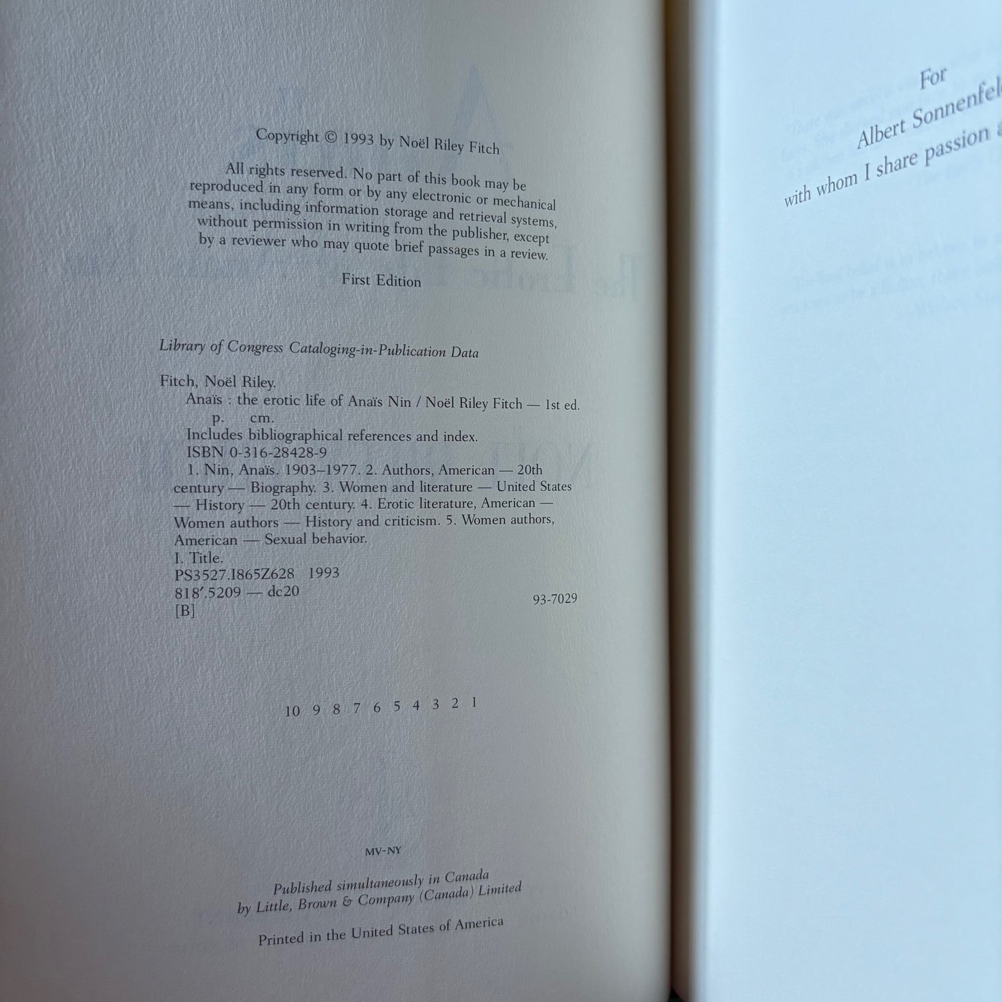 Noel Riley Fitch - Anais: The Erotic Life of Anais Nin - First Edition