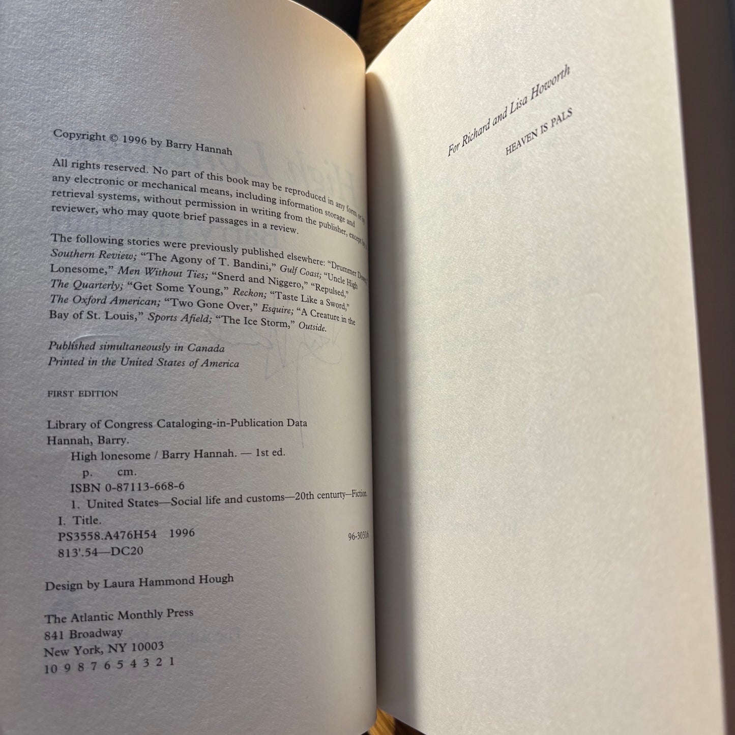 Barry Hannah - High Lonesome - Signed First Edition