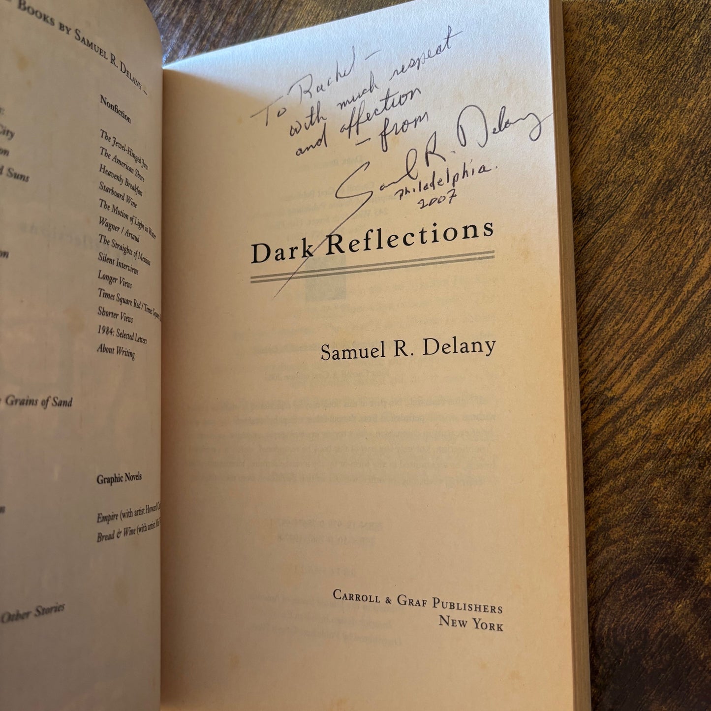 Samuel R. Delany - Dark Reflections - Signed to Rachel Blau DuPlessis