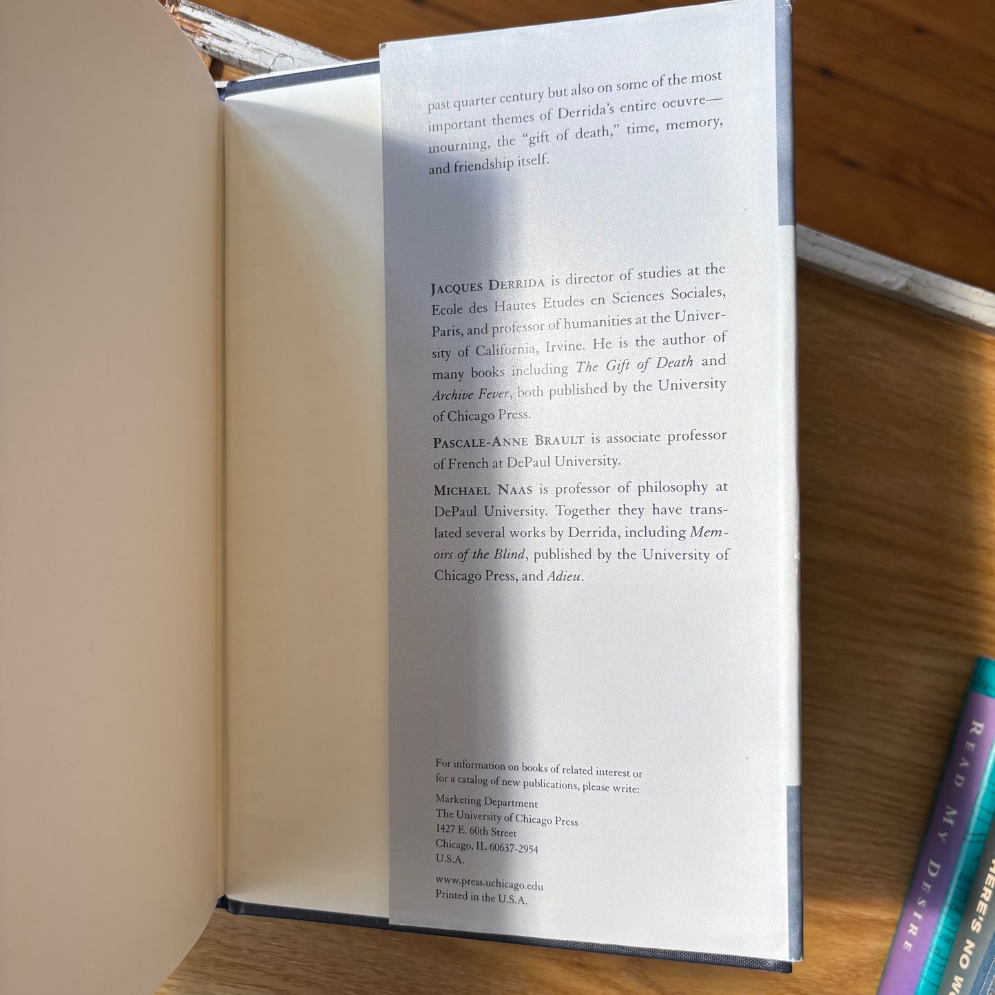 Jacques Derrida - The Work of Mourning - First Edition