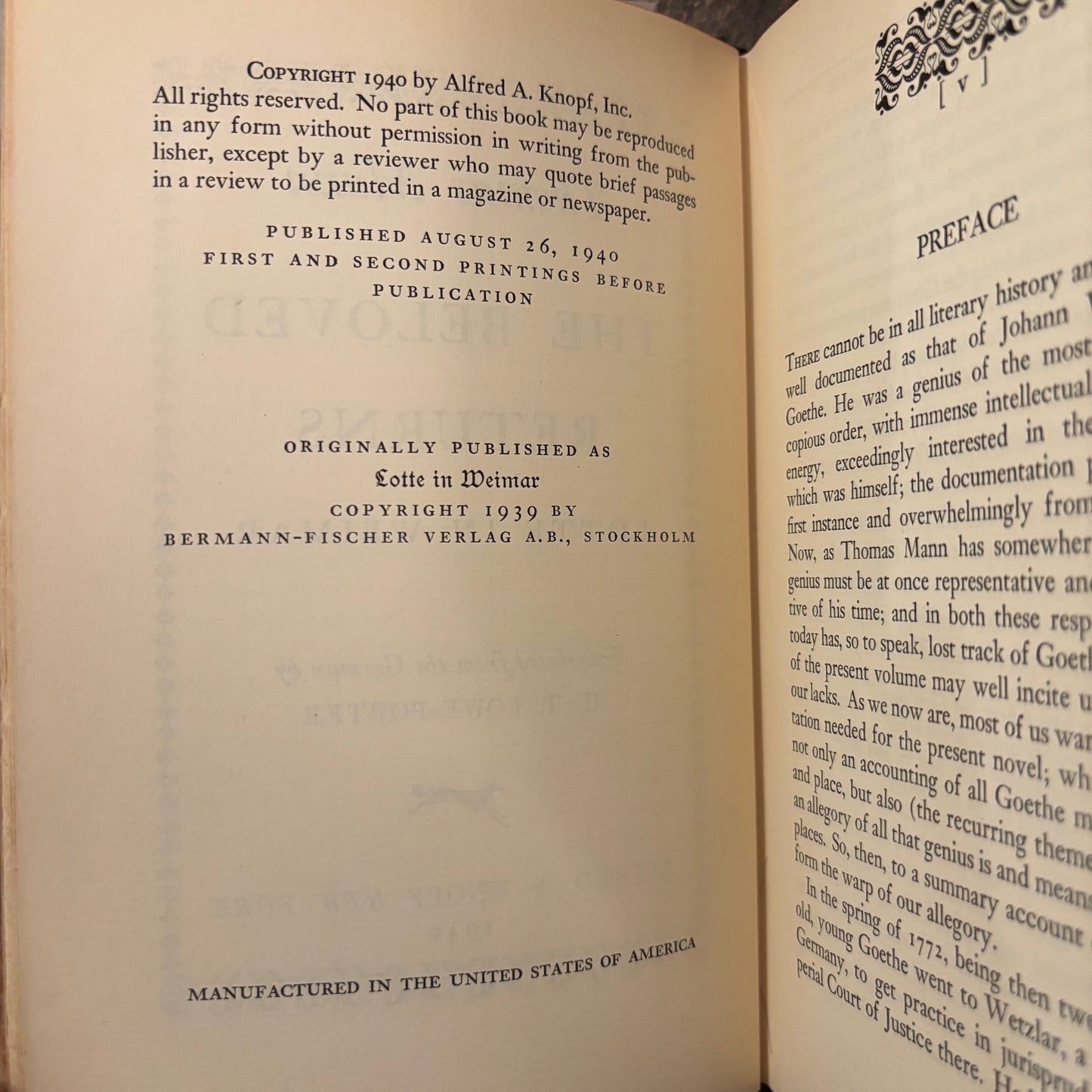 Thomas Mann - The Beloved Returns: Lotte in Weimar - First Edition Second Printing