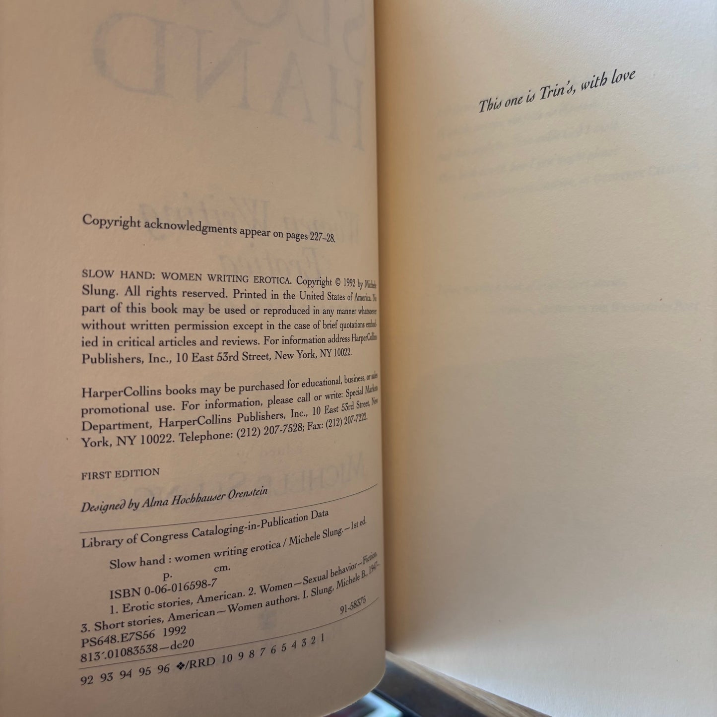 Michele Slung, ed. - Slow Hand: Women Writing Erotica - First Edition