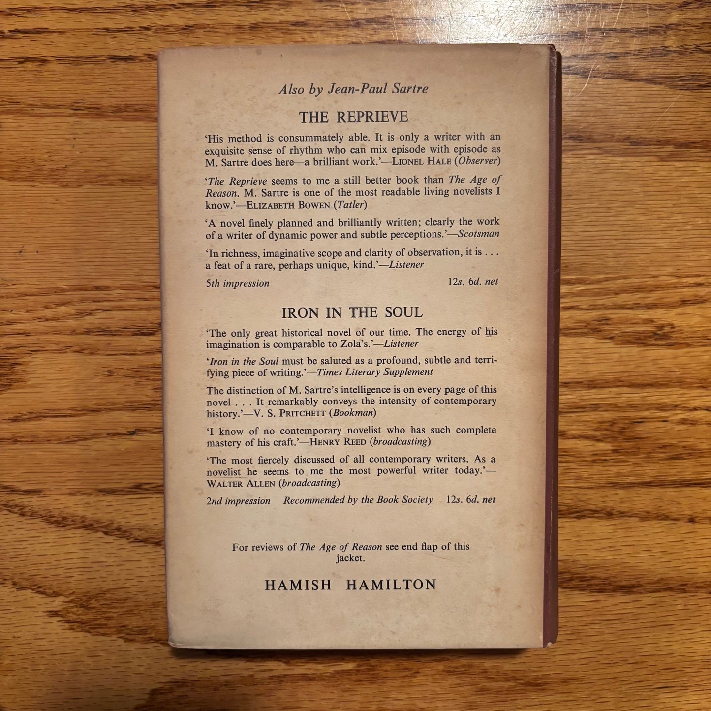 Jean-Paul Sartre - The Age of Reason - First UK Edition Later Printing