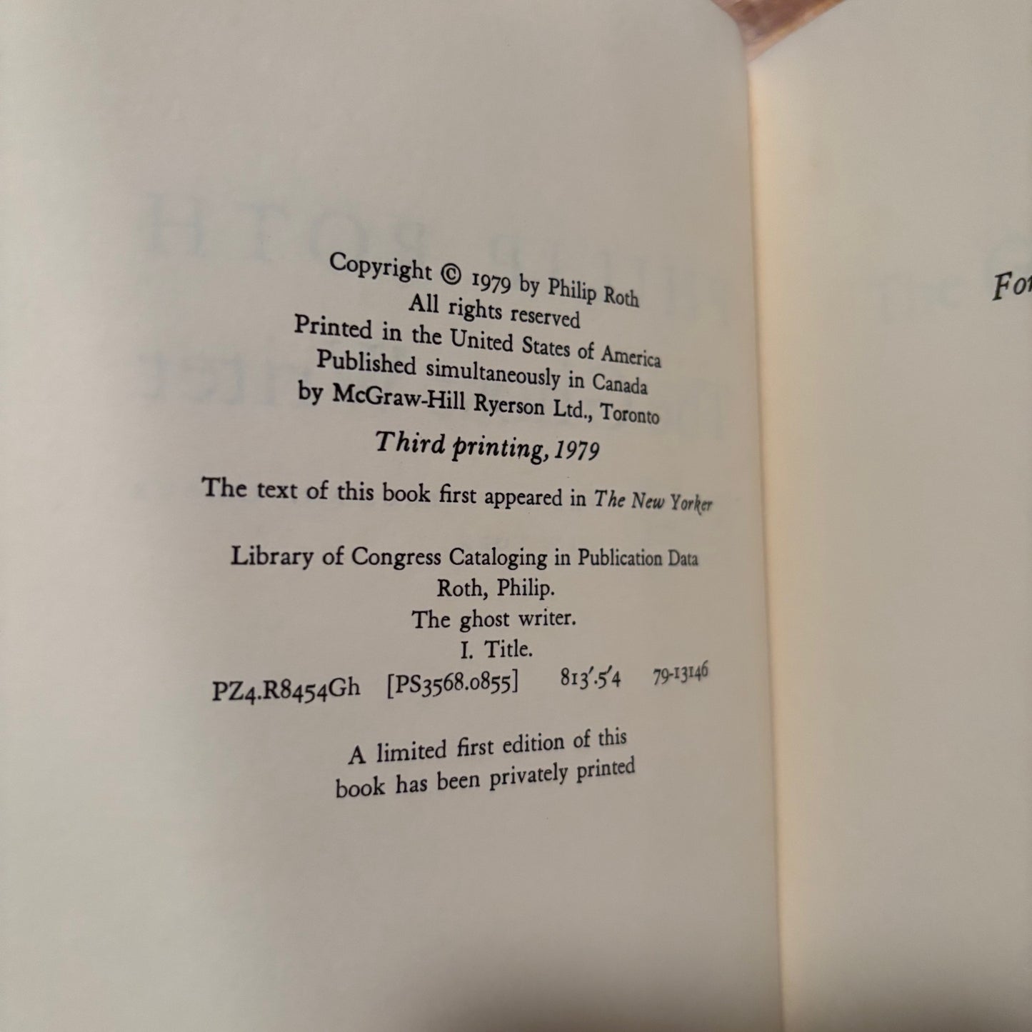 Philip Roth - The Ghost Writer - First Edition Third Printing