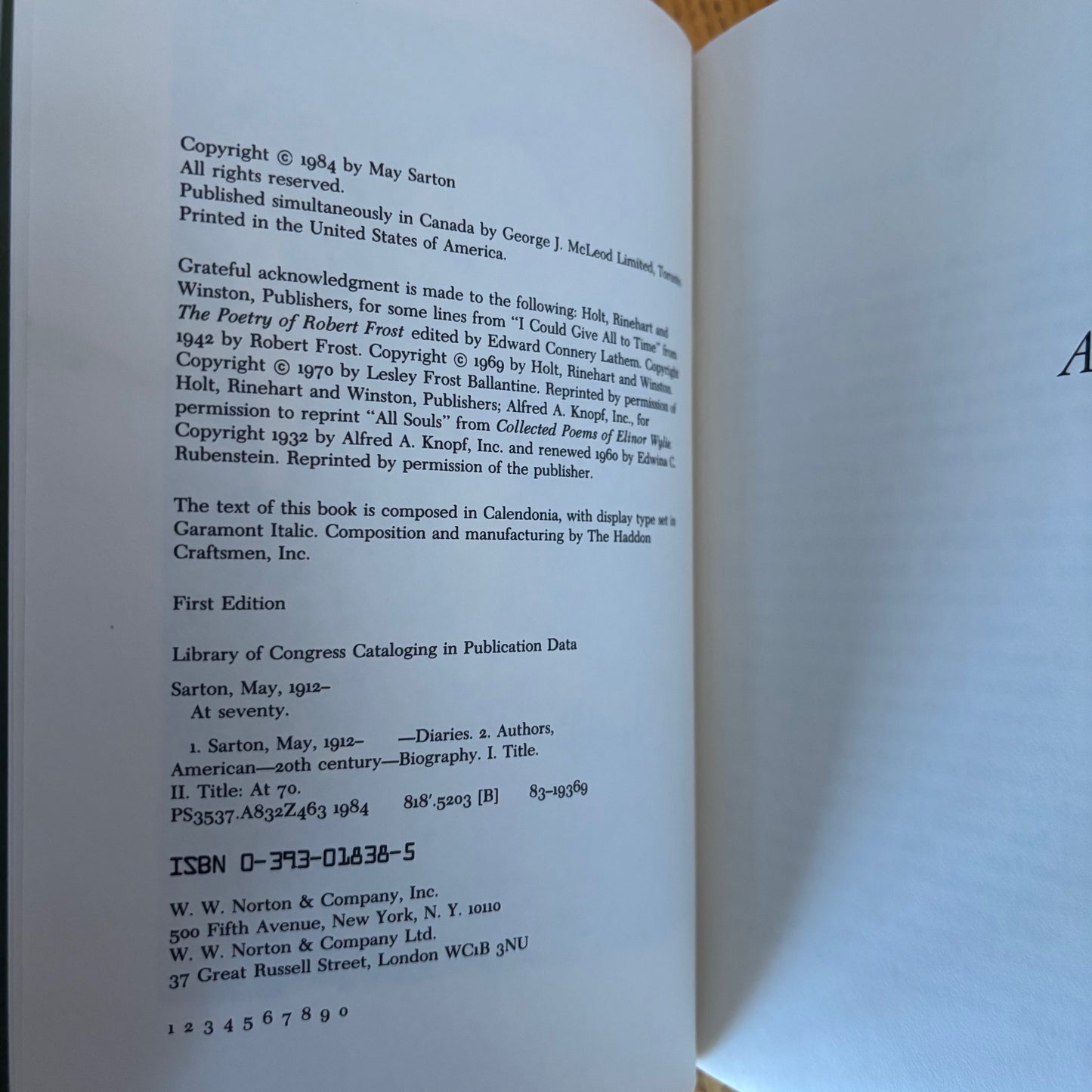 May Sarton - At Seventy: A Journal - Signed First Edition