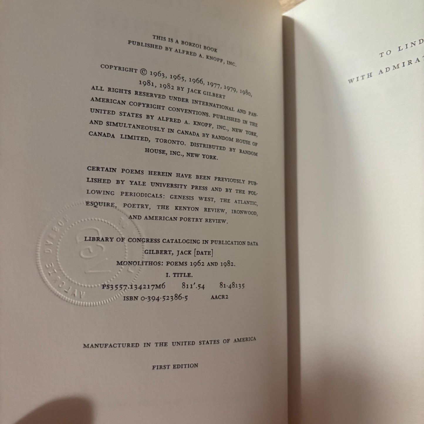 Jack Gilbert - Monolithos: Poems, 1962 and 1982 - First Edition