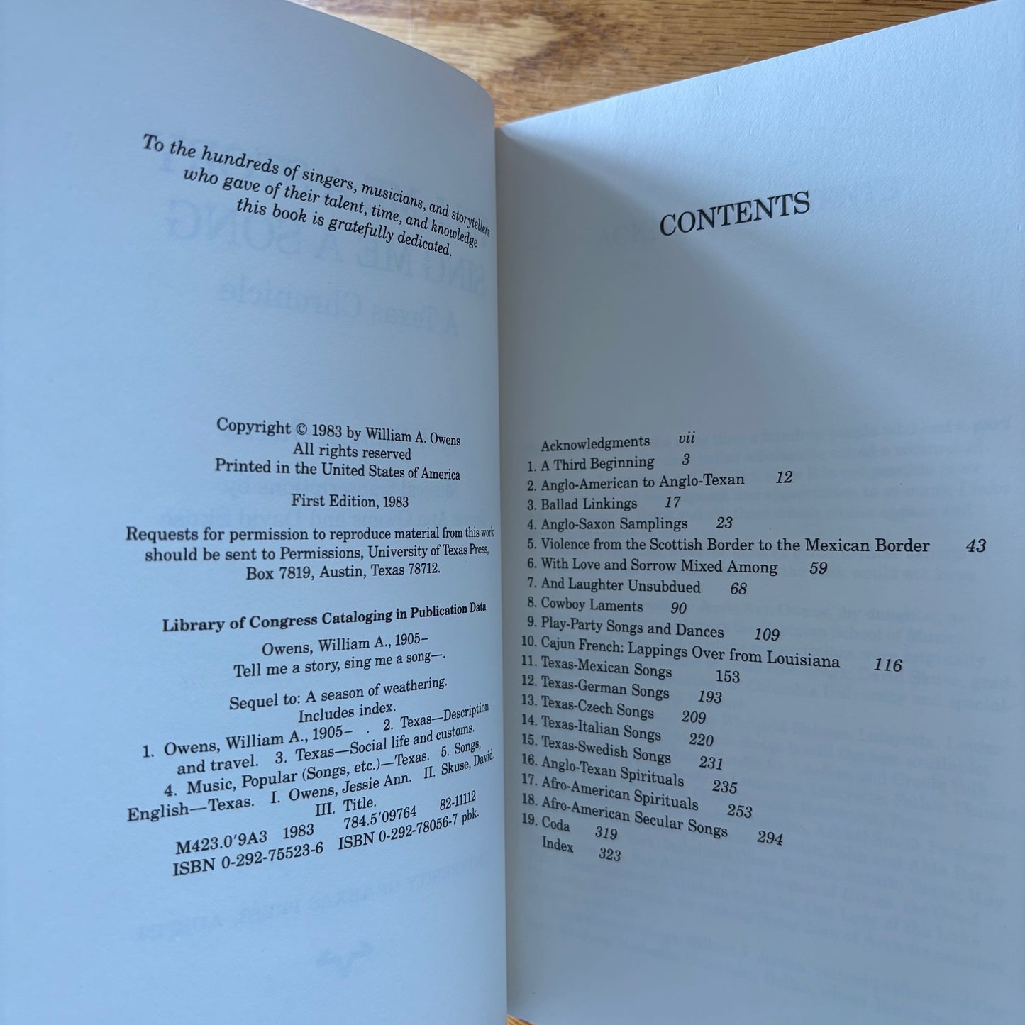 William A. Owens - Tell me a story, sing me a song...: A Texas Chronicle - Signed First Edition