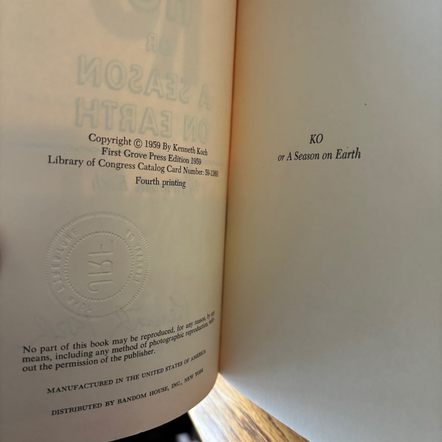 Kenneth Koch - Ko, or A Season on Earth - Signed