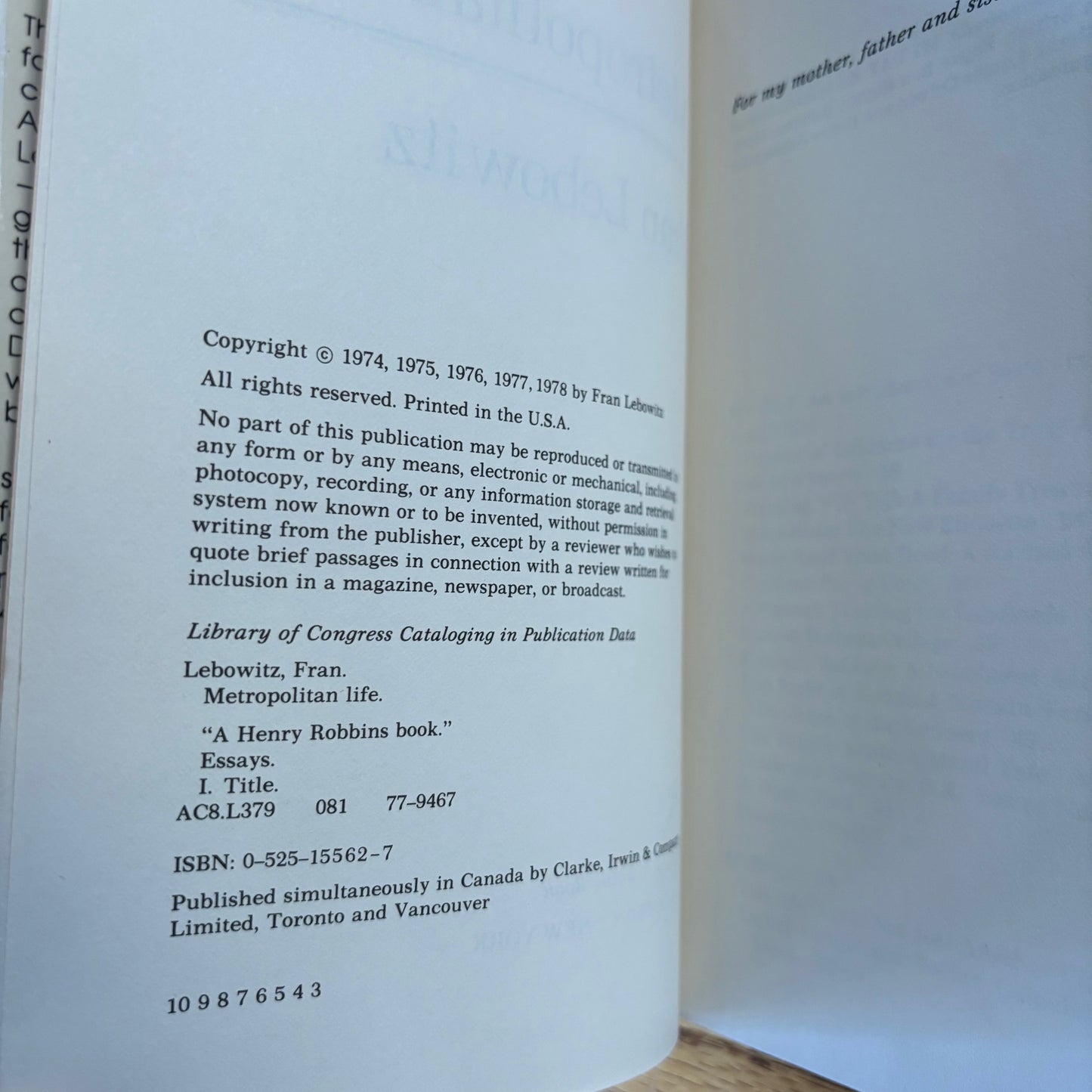 Fran Lebowitz - Metropolitan Life - First Edition Later Printing