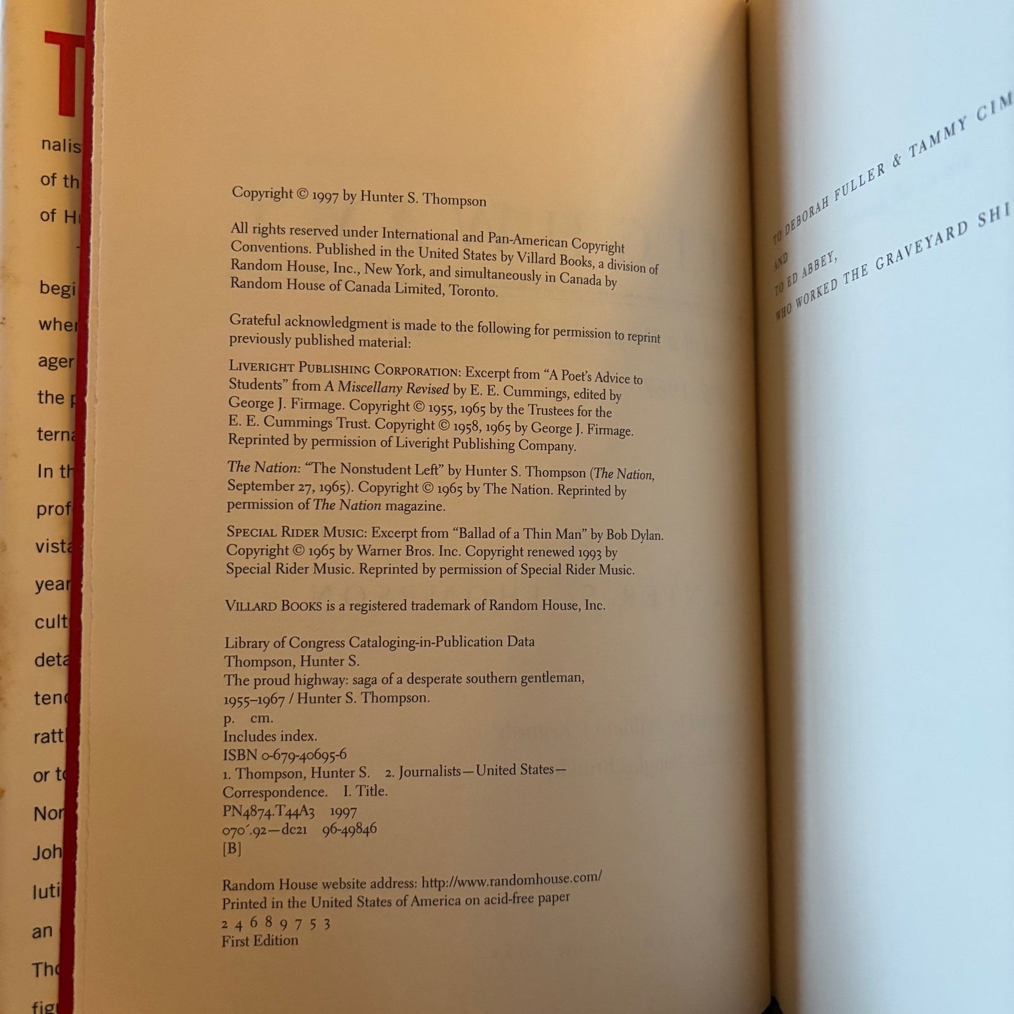 Hunter S. Thompson - The Proud Highway: Saga of a Desperate Southern Gentleman 1955-1967 - First Edition