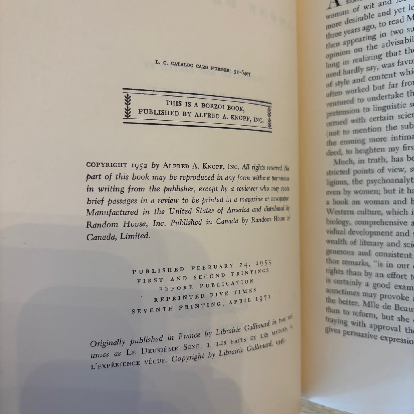Simone de Beauvoir - The Second Sex - First Edition Later Printing