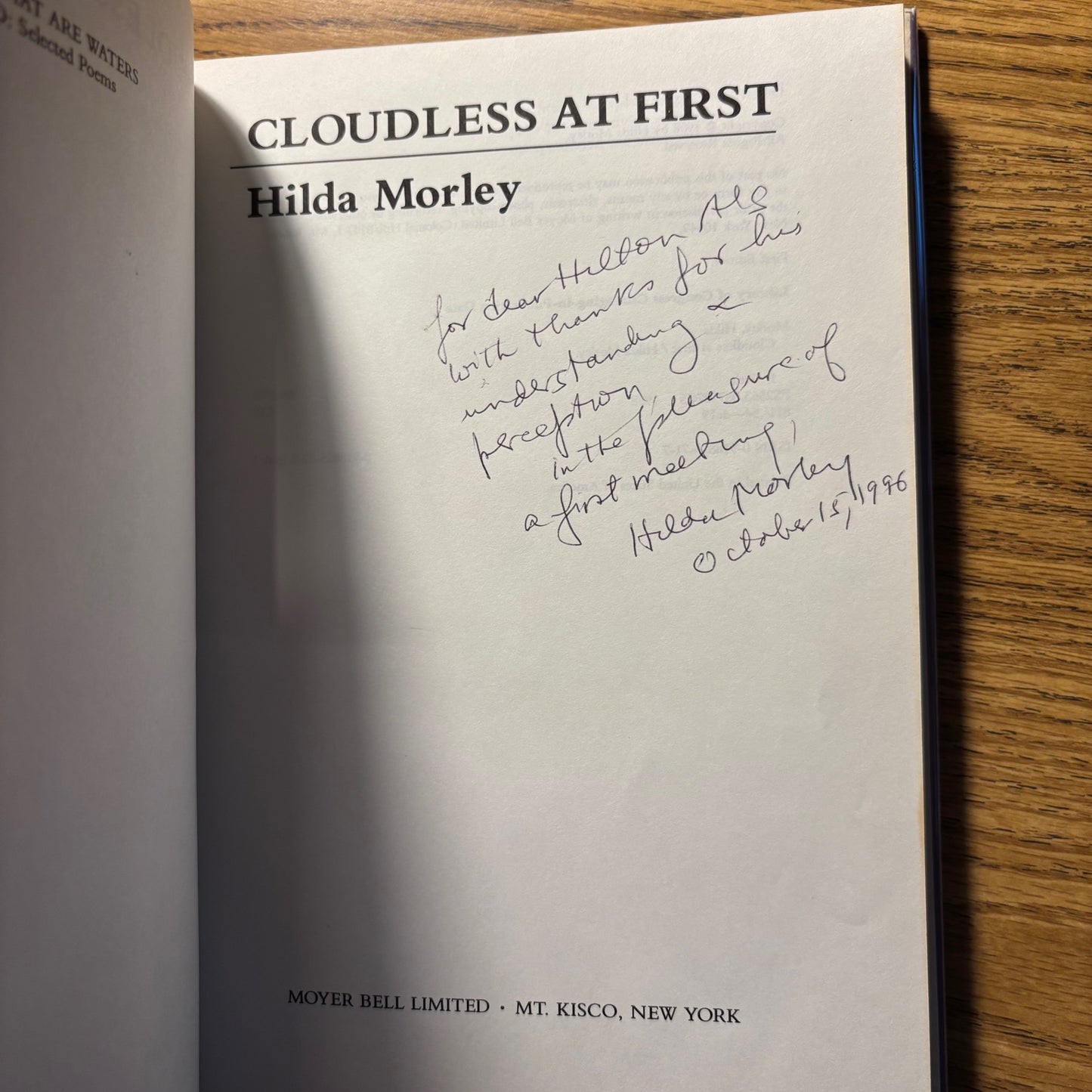 Hilda Morley - Cloudless at First - Signed to Hilton Als