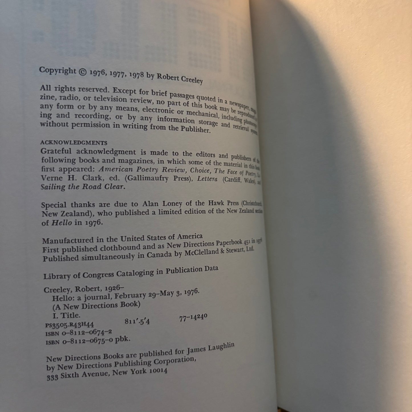 Robert Creeley - Hello: A Journal, February 29-May 3, 1976 - First Edition