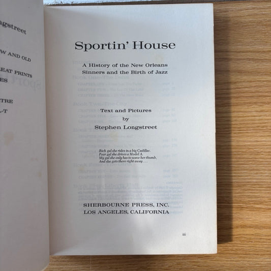 Stephen Longstreet - Sportin' House: A History of the New Orleans Sinners and the Birth of Jazz - First Edition