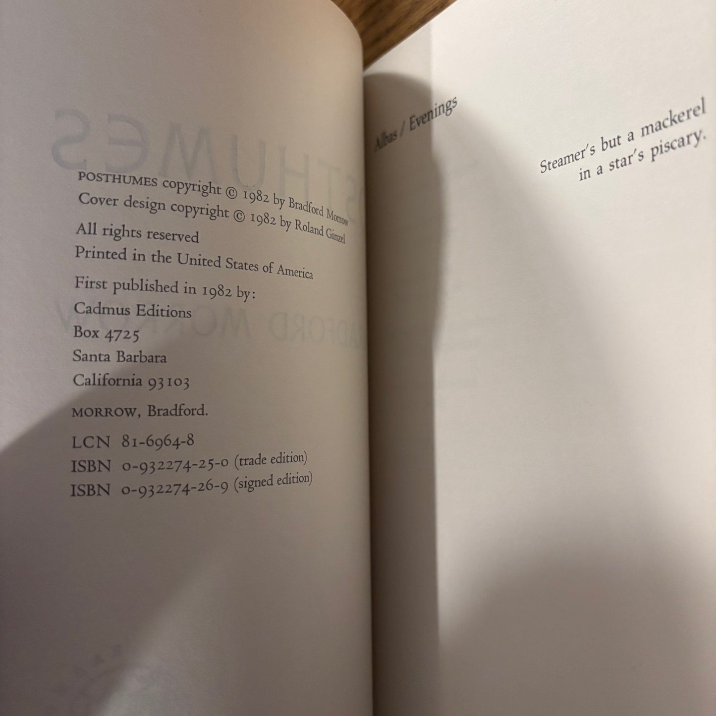 Bradford Morrow - Posthumes - First Edition