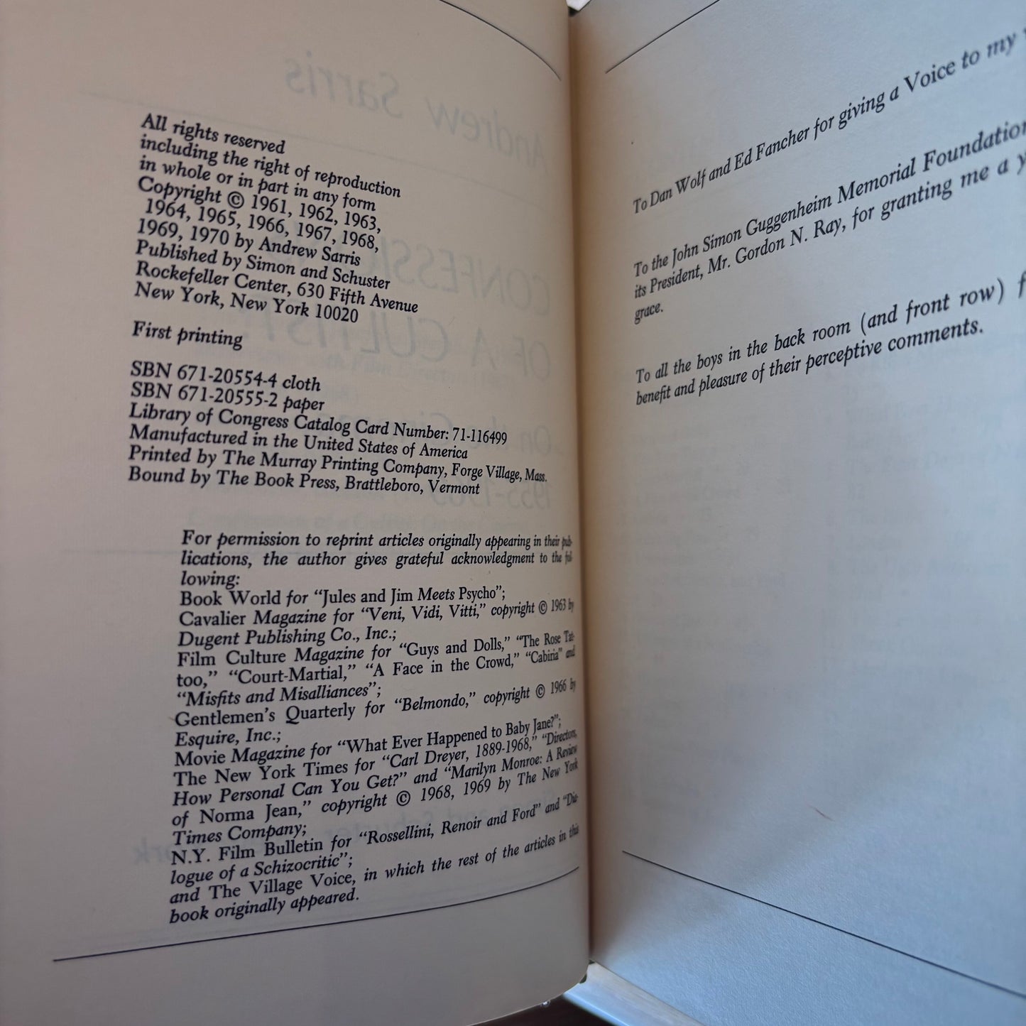 Andrew Sarris - Confessions of a Cultist: On the Cinema 1955/1969 - First Edition