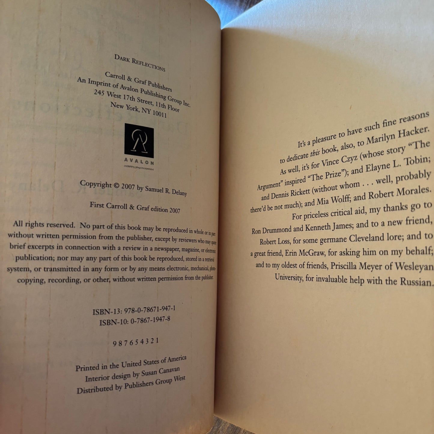 Samuel R. Delany - Dark Reflections - Signed to Rachel Blau DuPlessis