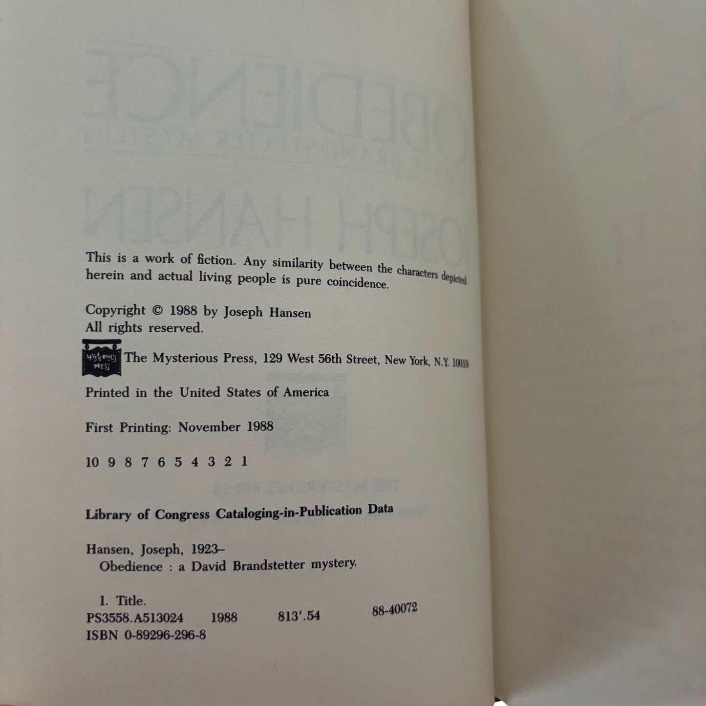 Joseph Hansen - Obedience - First Edition