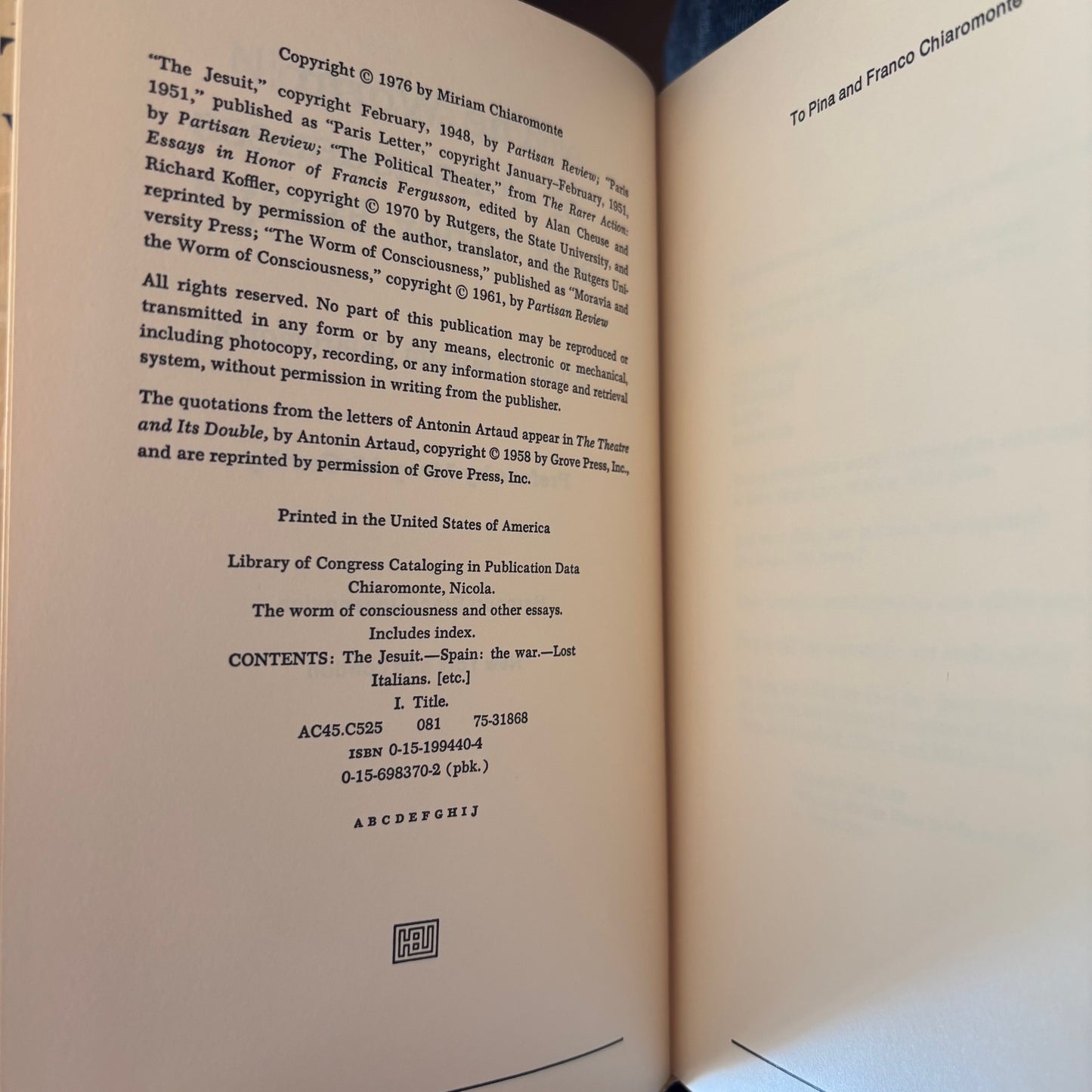 Nicola Chiaromonte - The Worm of Consciousness and Other Essays - First Edition