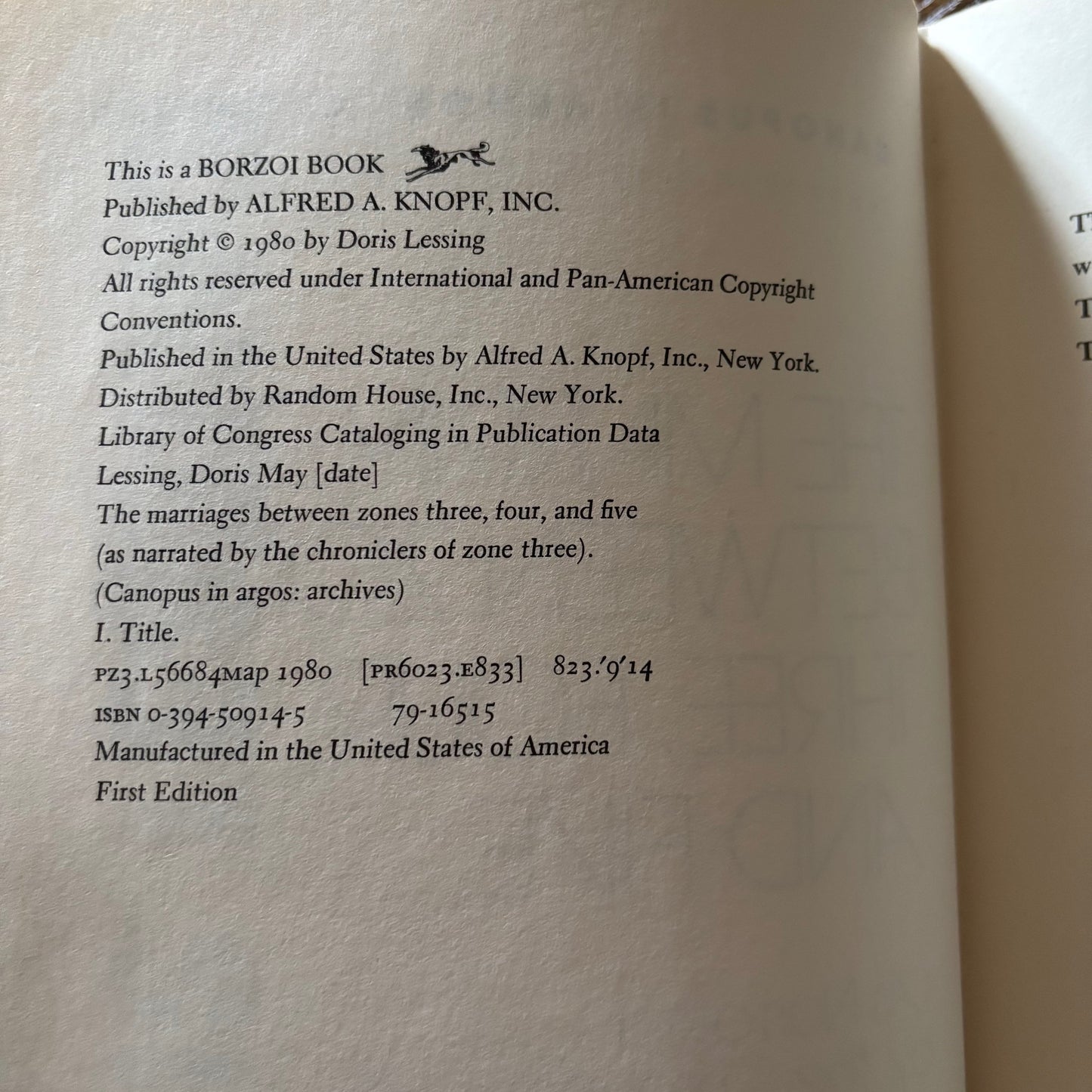 Doris Lessing - Canopus in Argos: Archives: The Marriages Between Zones Three, Four and Five - First Edition