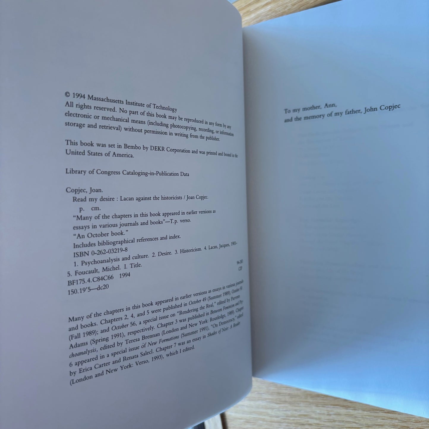 Joan Copjec - Read My Desire: Lacan against the Historicists - First Edition