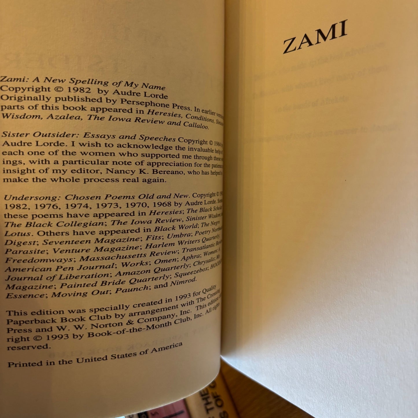 Audre Lorde - Zami, Sister Outsider, Undersong