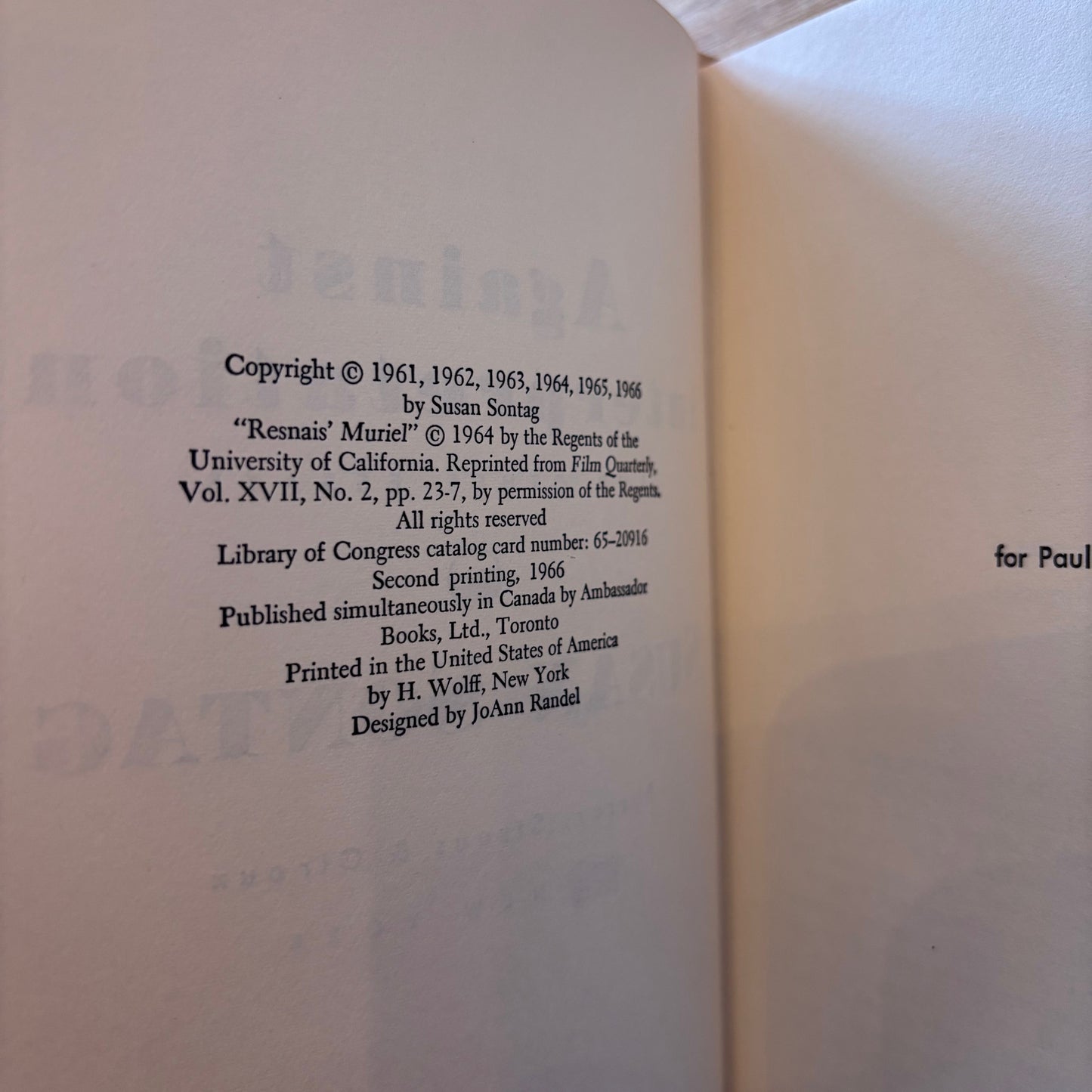 Susan Sontag - Against Interpretation - First Edition Second Printing