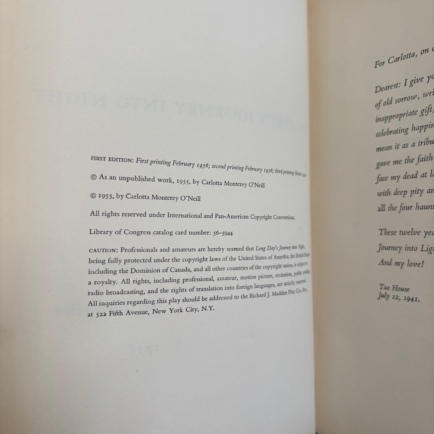 Eugene O'Neill - Long Day's Journey Into Night - First Edition Third Printing