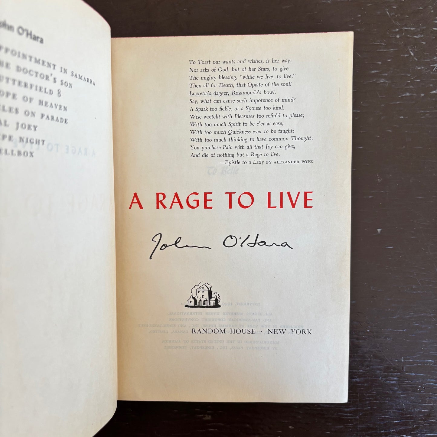 John O'Hara - A Rage to Live - First Edition Fourth Printing
