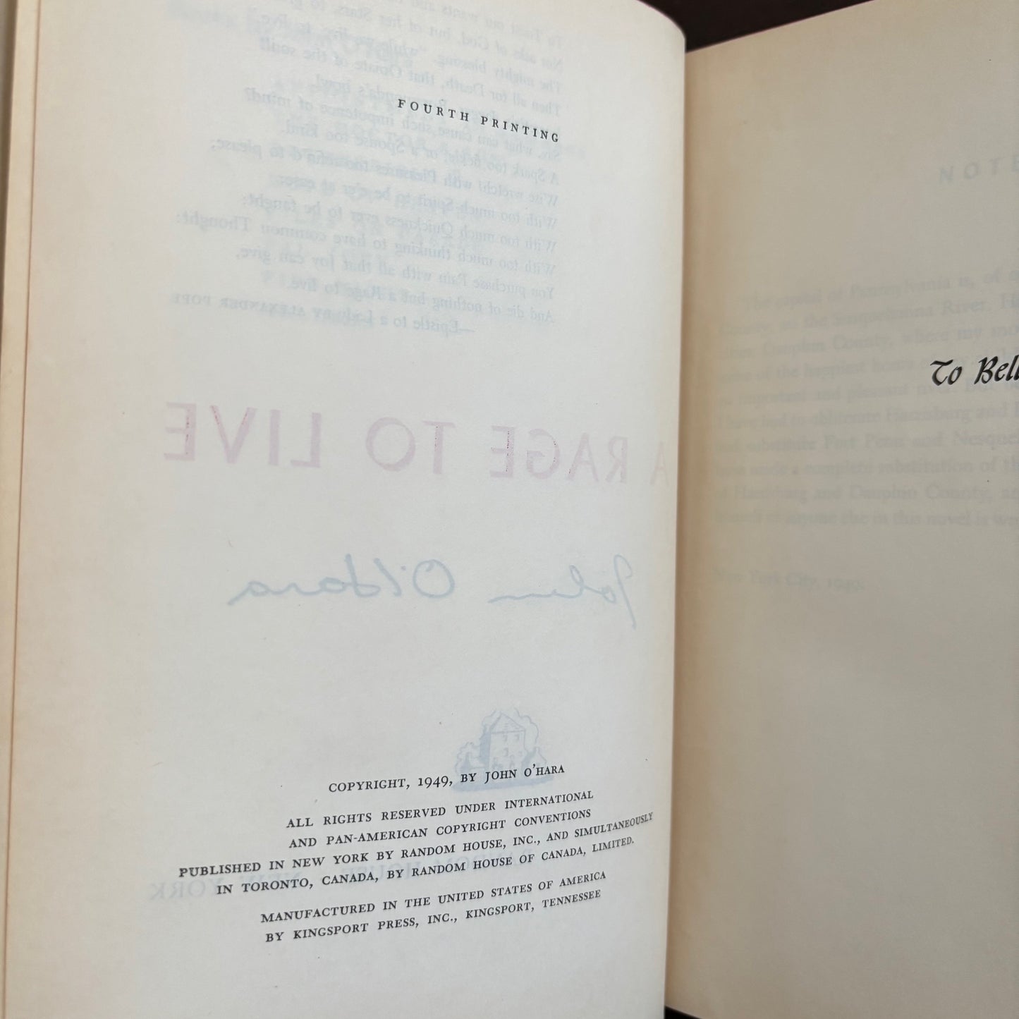 John O'Hara - A Rage to Live - First Edition Fourth Printing