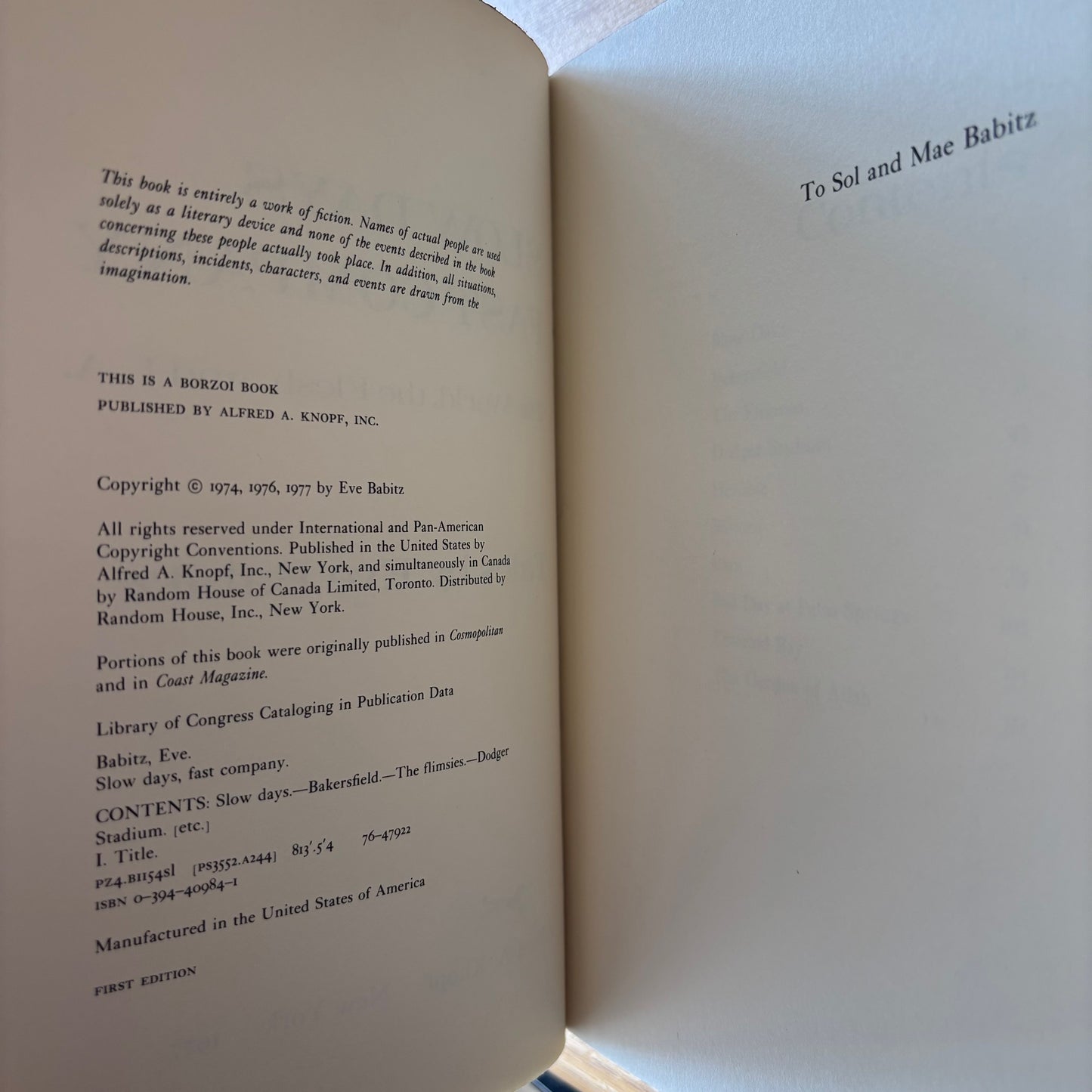 Eve Babitz - Slow Days, Fast Company: The World, The Flesh, and L.A. - First Edition