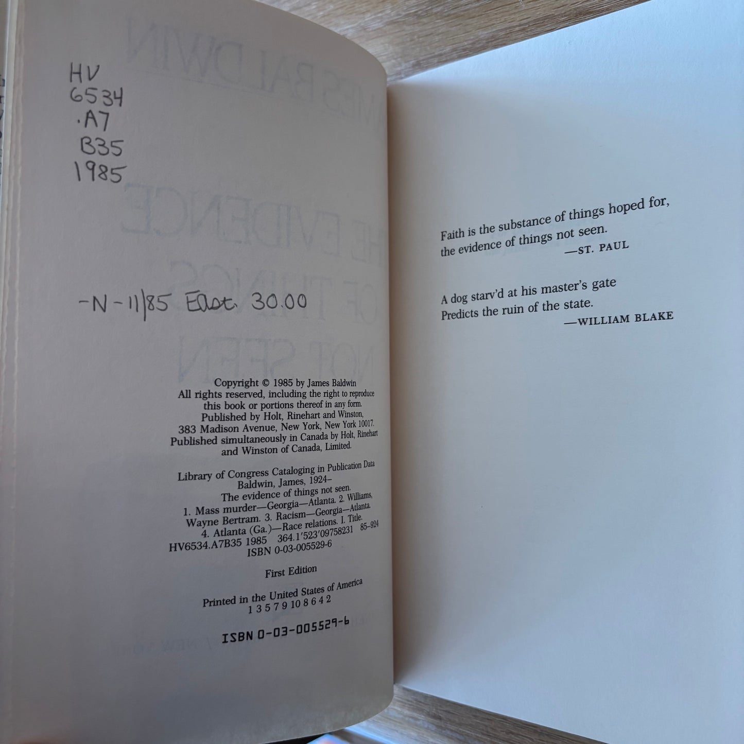 James Baldwin - The Evidence of Things Not Seen - First Edition
