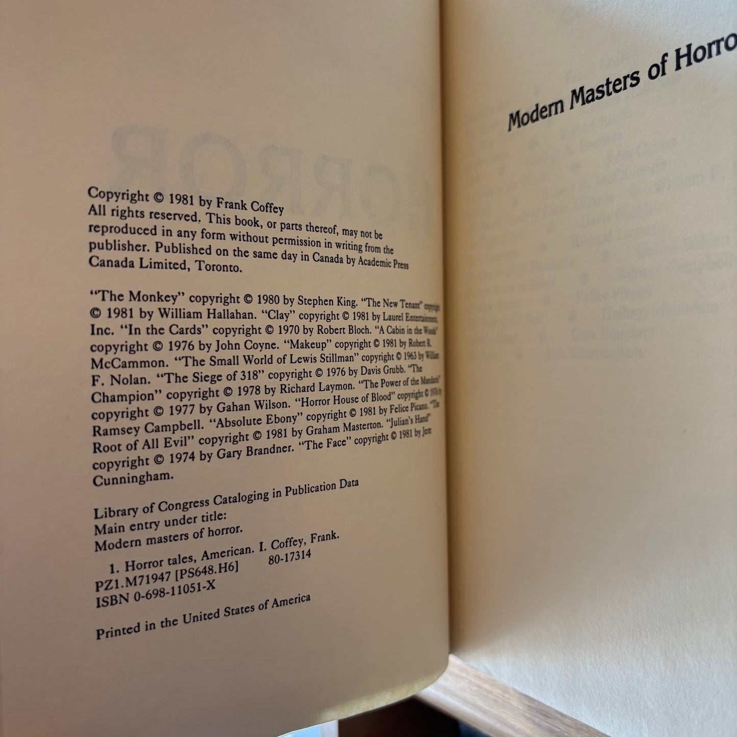 Frank Coffey, ed. - Modern Masters of Horror - First Edition