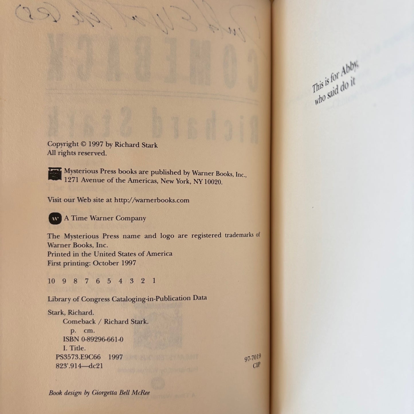 Richard Stark - Comeback - Signed First Edition