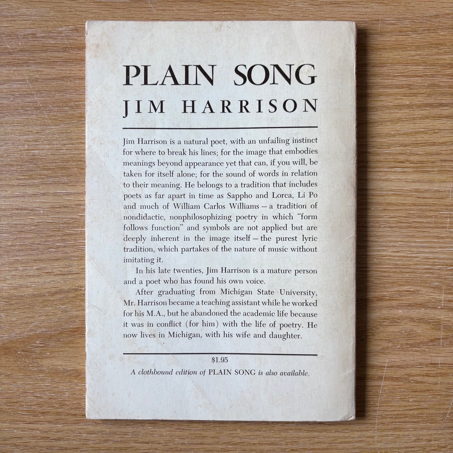 Jim Harrison - Plain Song - First Edition Paperback