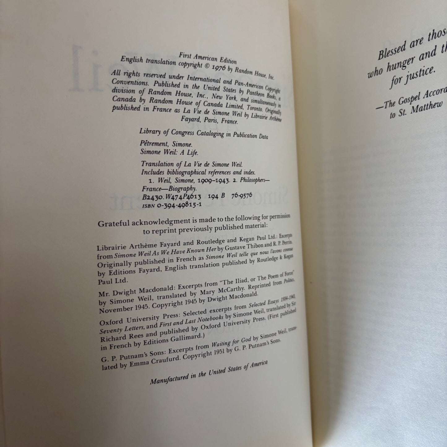 Simone Petrement - Simone Weil: A Life - First Edition