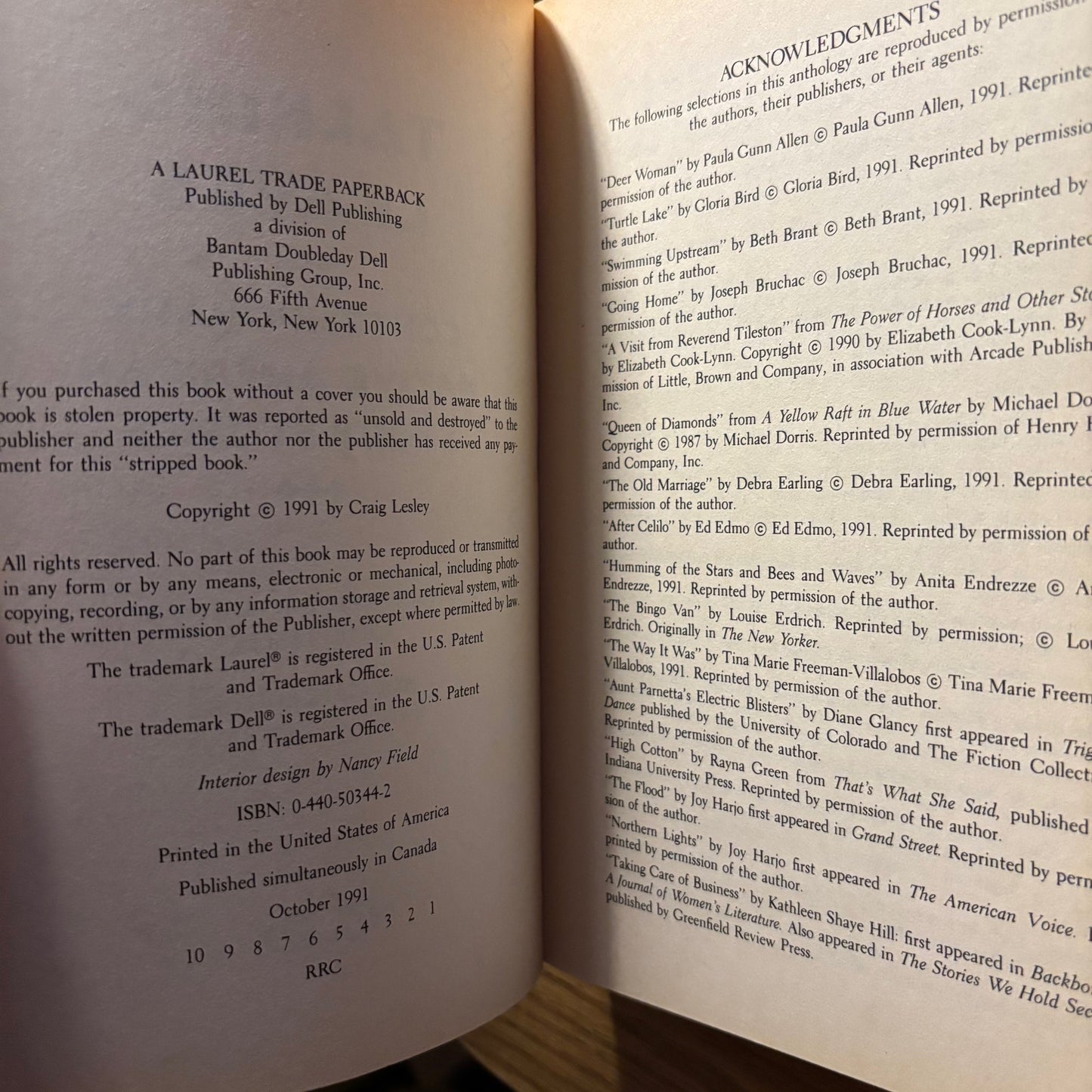Craig Lesley, ed. - Talking Leaves: Contemporary Native American Short Stories - First Edition