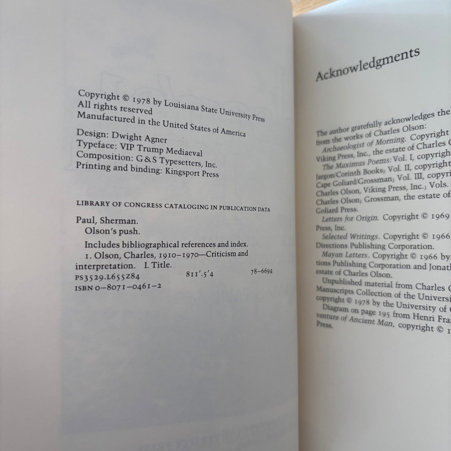 Sherman Paul - Olson's Push - First Edition