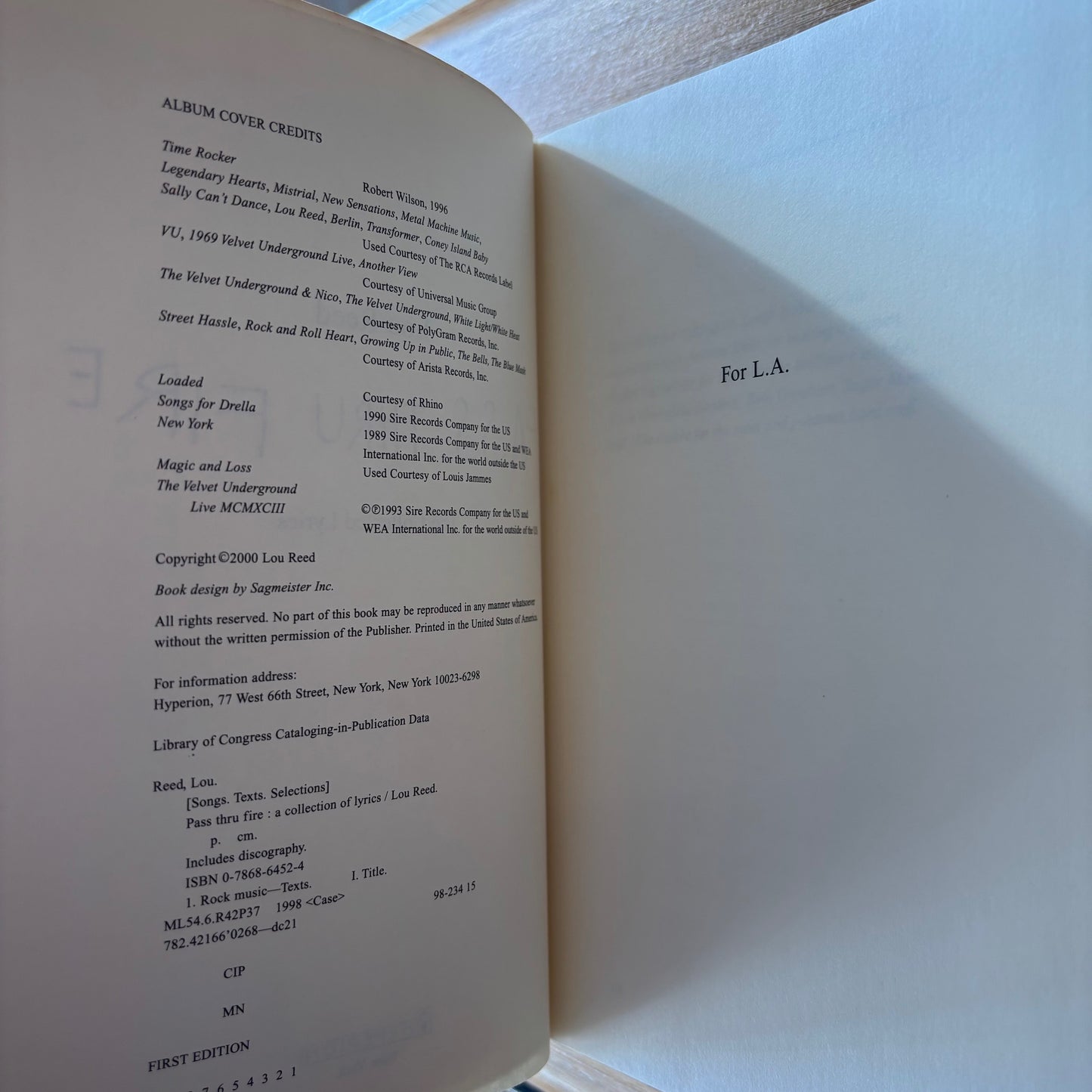 Lou Reed - Pass Thru Fire: The Collected Lyrics - First Edition