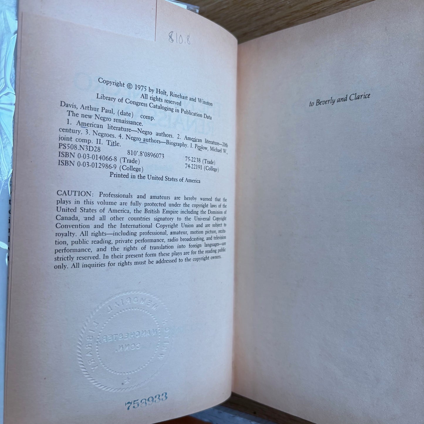 Arthur P. Davis, Michael W. Peplow, eds. - The New Negro Renaissance: An Anthology - First Edition