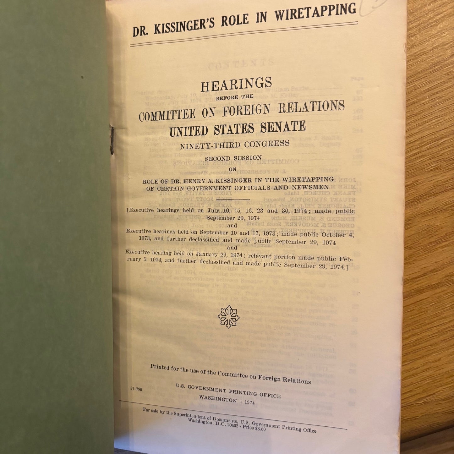 Hearings Before the Committee on Foreign Relations, United States Senate: Dr. Kissinger's Role in Wiretapping