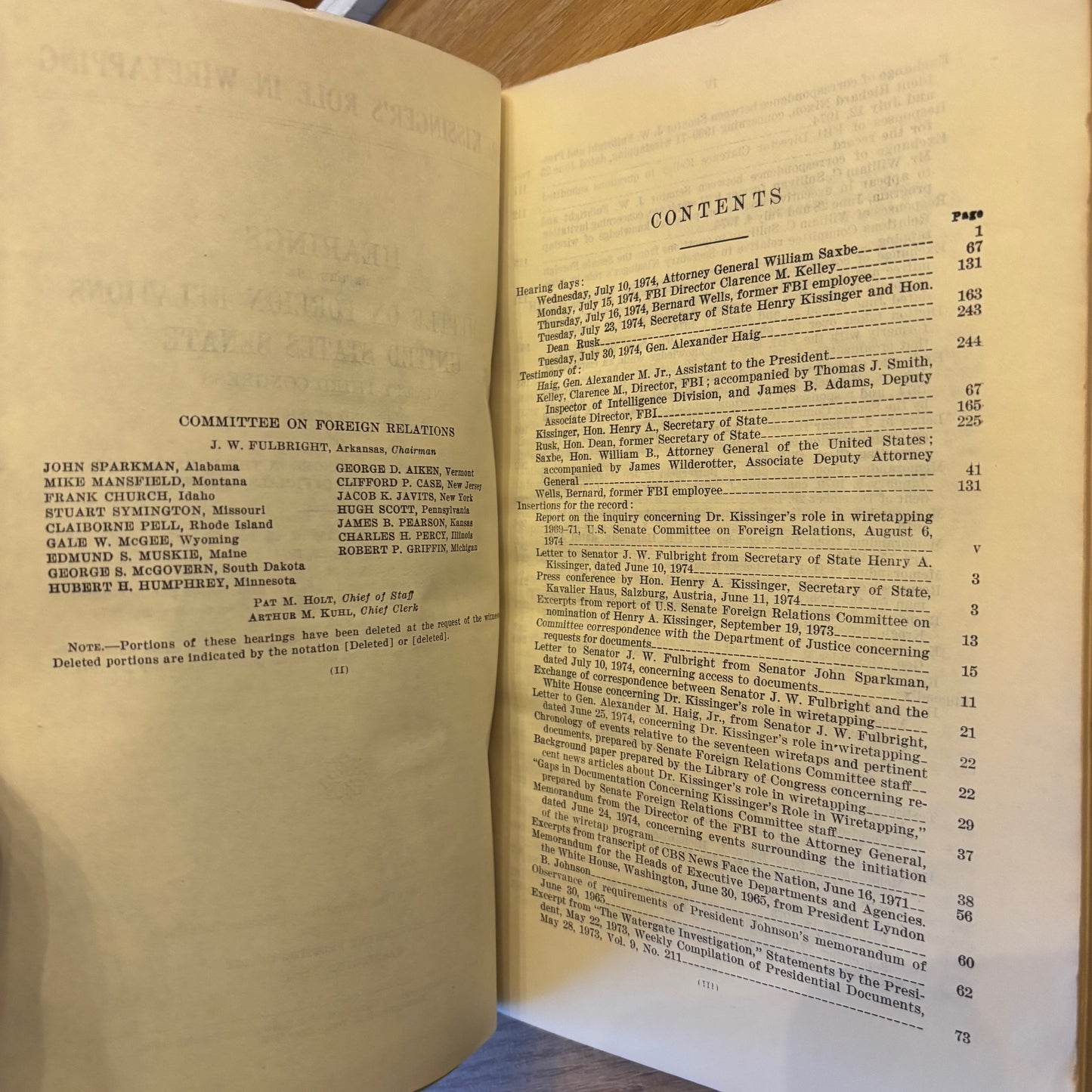 Hearings Before the Committee on Foreign Relations, United States Senate: Dr. Kissinger's Role in Wiretapping