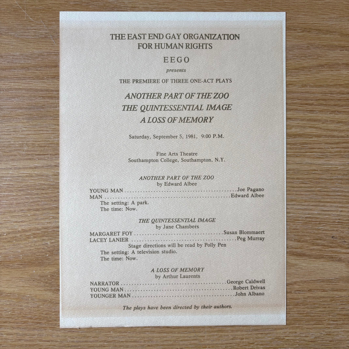 Edward Albee, Jane Chambers, Arthur Laurents - East End Gay Organization for Human Rights presents the Premiere of Three One Act Plays - Handbill Program