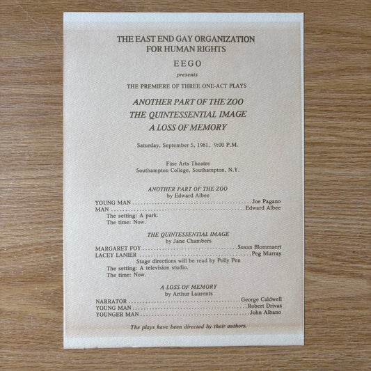 Edward Albee, Jane Chambers, Arthur Laurents - East End Gay Organization for Human Rights presents the Premiere of Three One Act Plays - Handbill Program