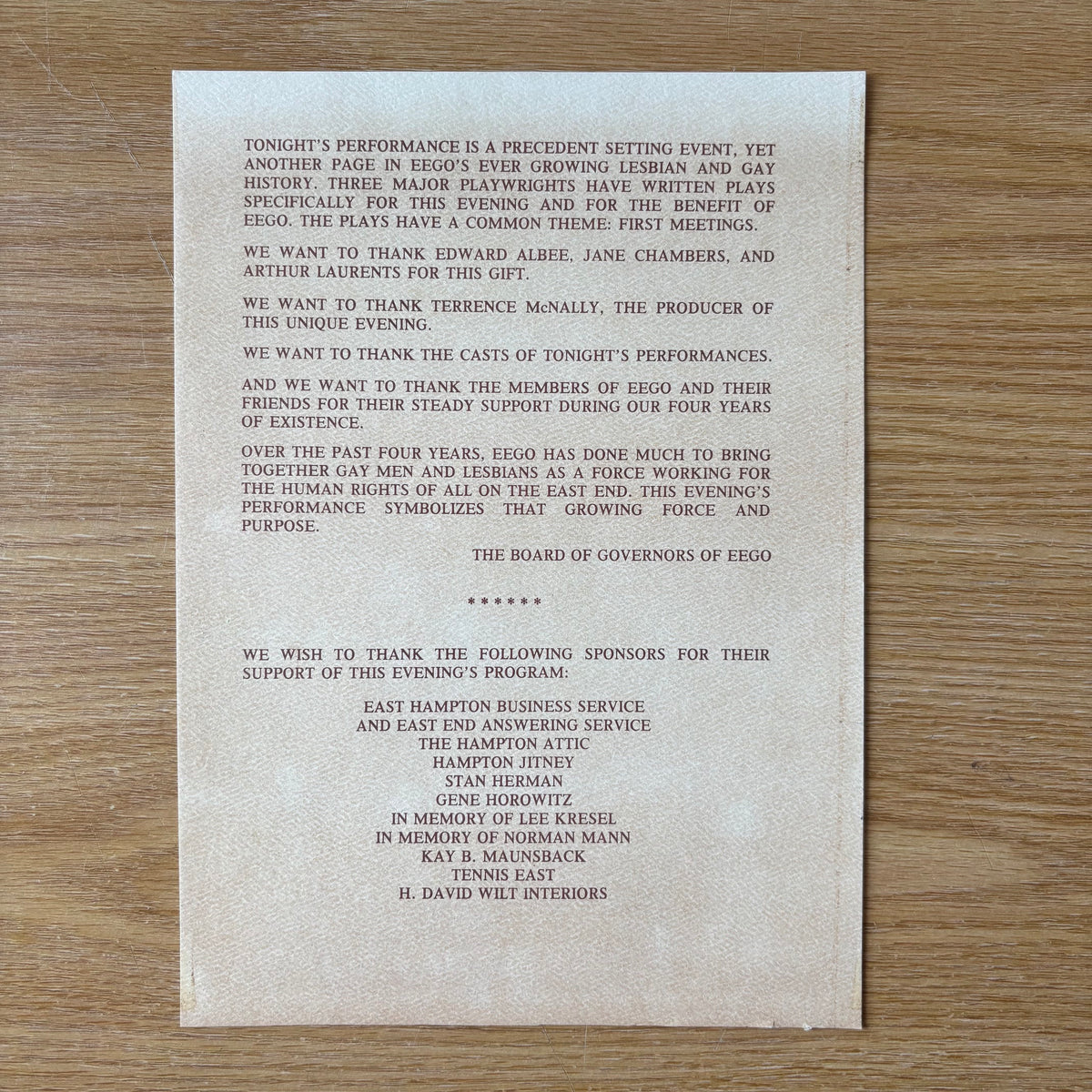 Edward Albee, Jane Chambers, Arthur Laurents - East End Gay Organization for Human Rights presents the Premiere of Three One Act Plays - Handbill Program